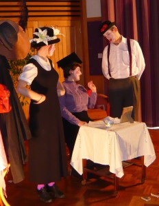 Scene from the premiere in the Hughes Hall Pavilion Room in Cambridge, England of Are Women People? with Hazel Neighbour, Jessica Lawrence-Hares & Simon Wilson (LtoR)